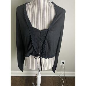 Free People black button down Large Peaseant Pullover W-tie closure BOHO